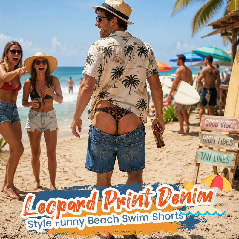 Fun leopard-print swimming trunks that look like denim | Original swimming trunks with an optical illusion effect