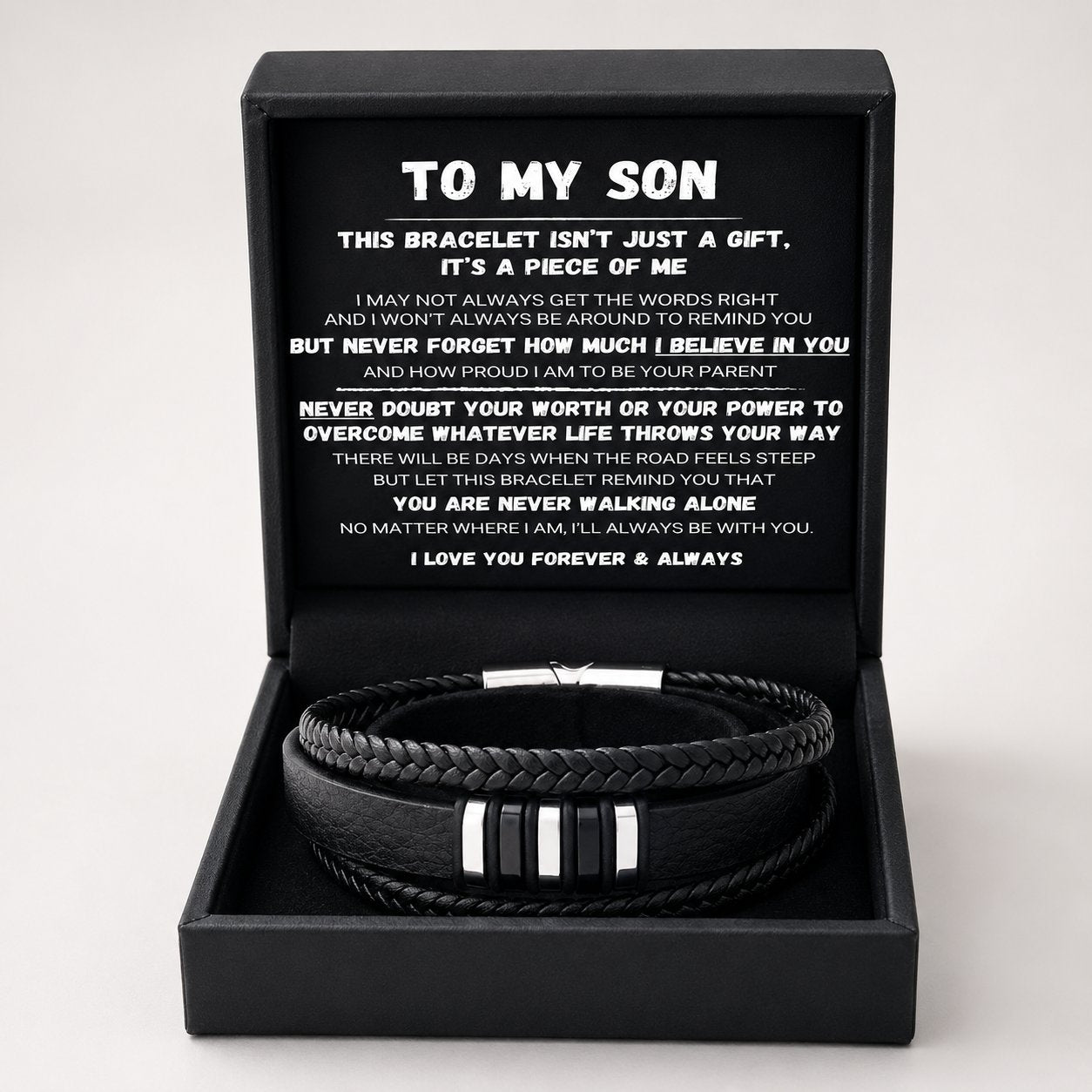 🖤To my son — A set of braided bracelets saying ‘Never walk alone’