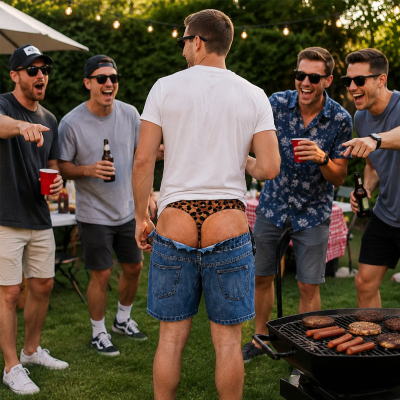 Fun leopard-print swimming trunks that look like denim | Original swimming trunks with an optical illusion effect