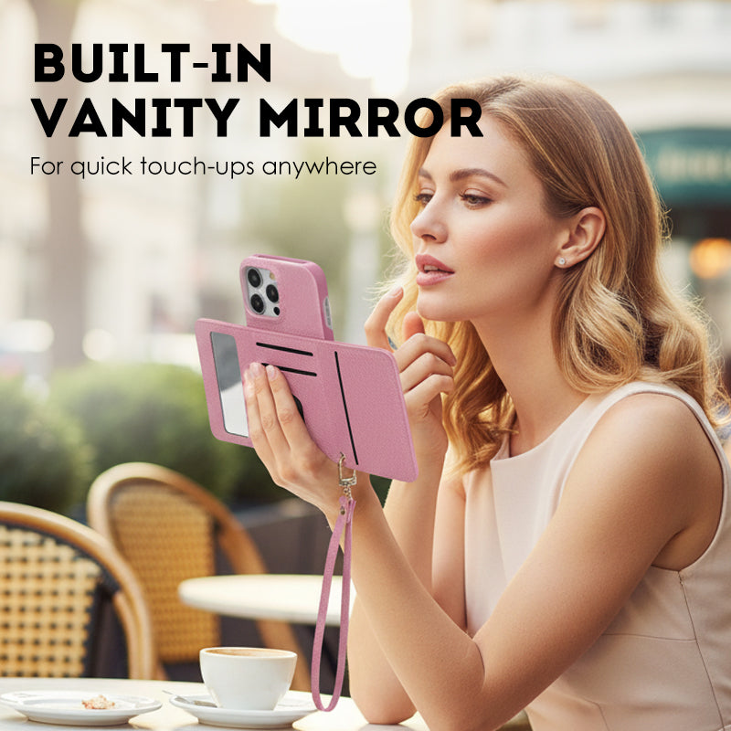 🔥Schützende pinkfarbene Handyhülle mit Spiegel und Handgelenkschlaufe