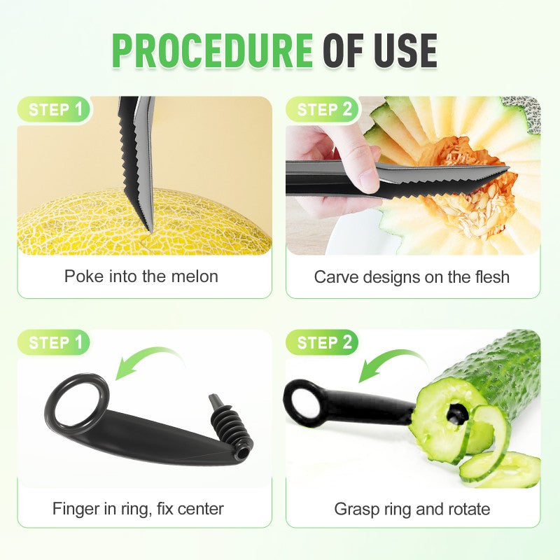 Spiral and V-shaped tool set for fruit decoration